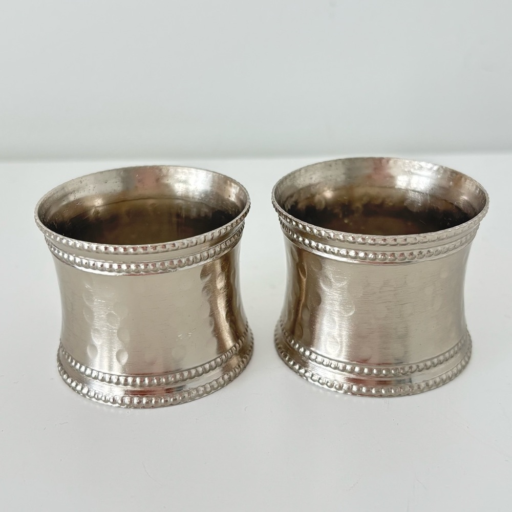 SET OF TWO vintage silver plated napkin rings hammered beaded hollywood regency